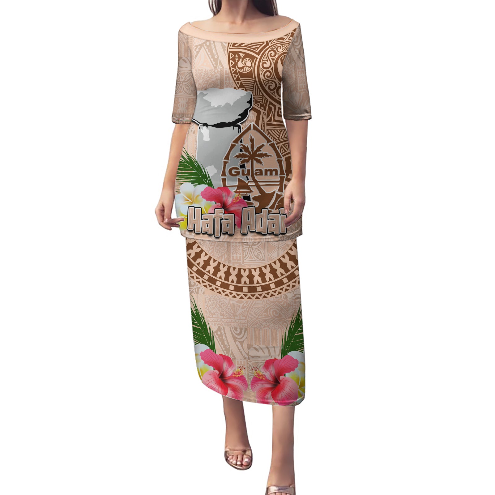 Guam Seal and Latte Stone With Ethnic Tapa Pattern Puletasi Peach Fuzz Color LT03 Long Dress Peach Fuzz - Polynesian Pride