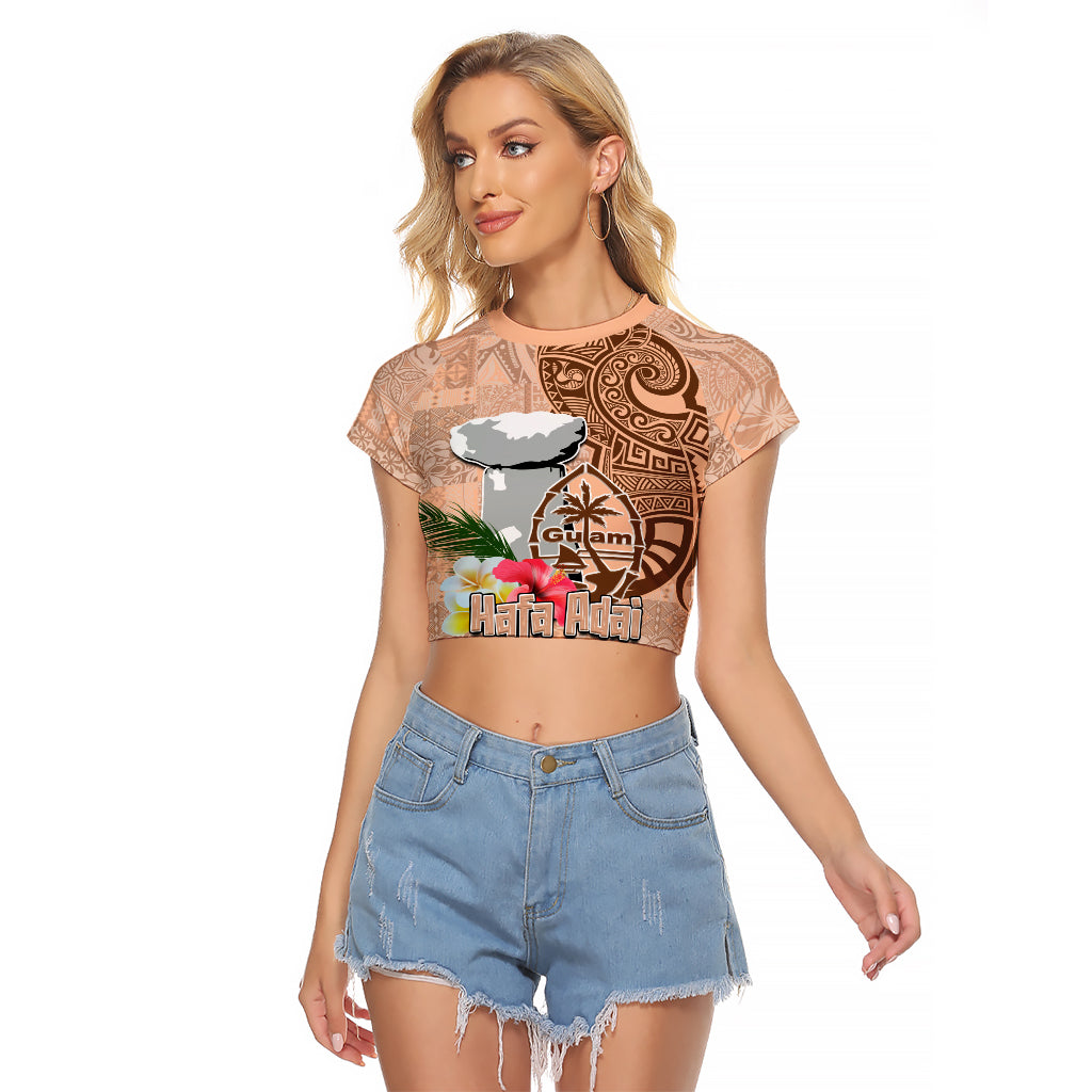 Guam Seal and Latte Stone With Ethnic Tapa Pattern Raglan Cropped T Shirt Peach Fuzz Color LT03 Female Peach Fuzz - Polynesian Pride