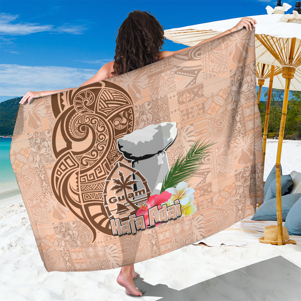 Guam Seal and Latte Stone With Ethnic Tapa Pattern Sarong Peach Fuzz Color LT03 One Size 44 x 66 inches Peach Fuzz - Polynesian Pride