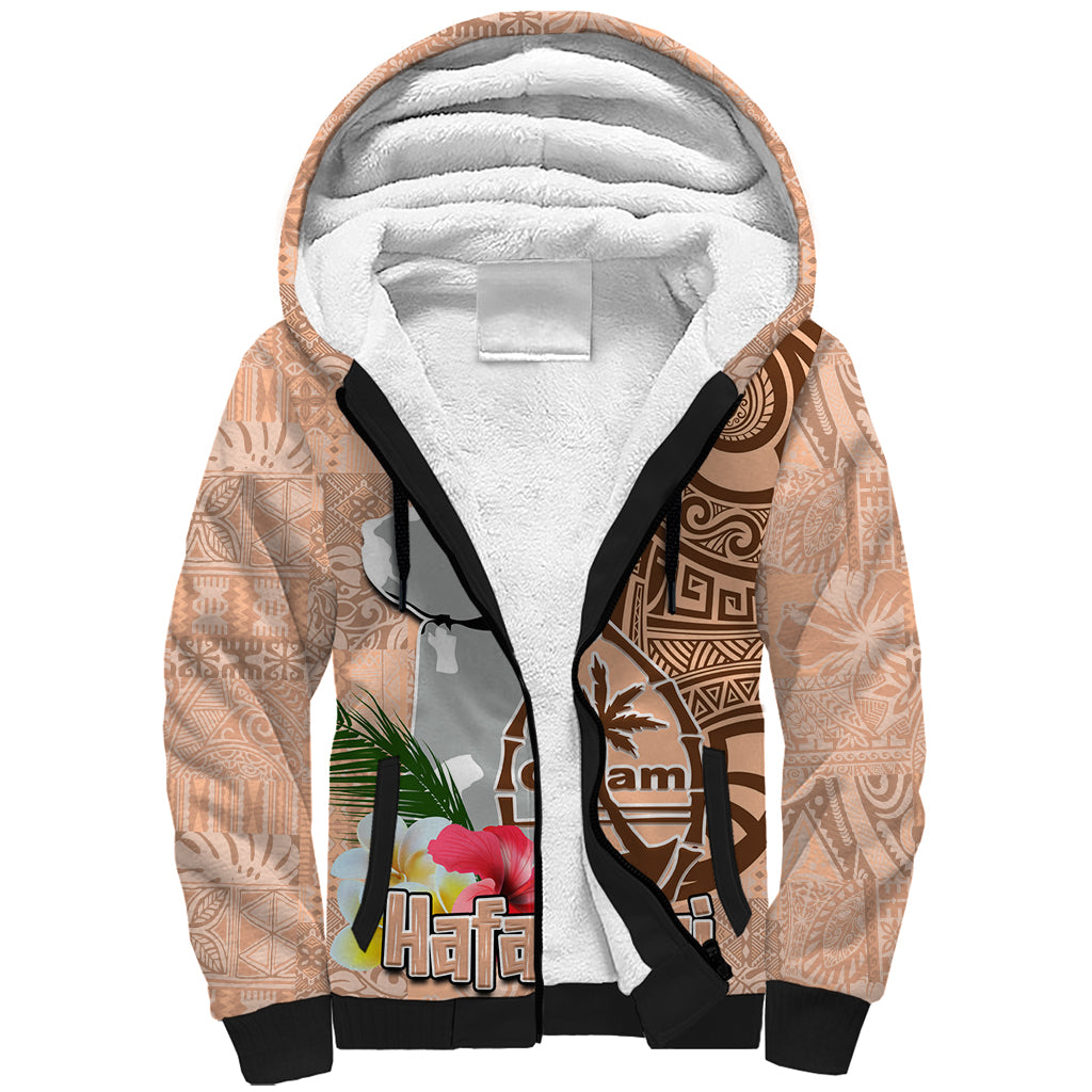 Guam Seal and Latte Stone With Ethnic Tapa Pattern Sherpa Hoodie Peach Fuzz Color LT03 Unisex Peach Fuzz - Polynesian Pride