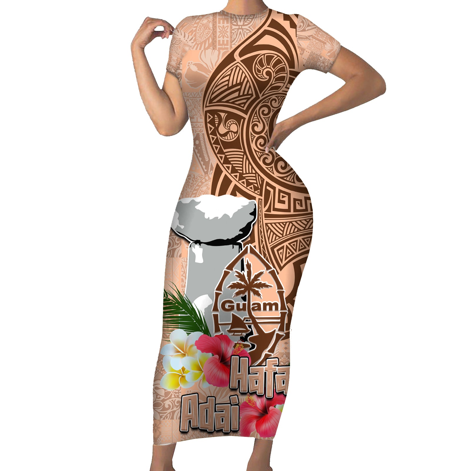 Guam Seal and Latte Stone With Ethnic Tapa Pattern Short Sleeve Bodycon Dress Peach Fuzz Color LT03 Long Dress Peach Fuzz - Polynesian Pride