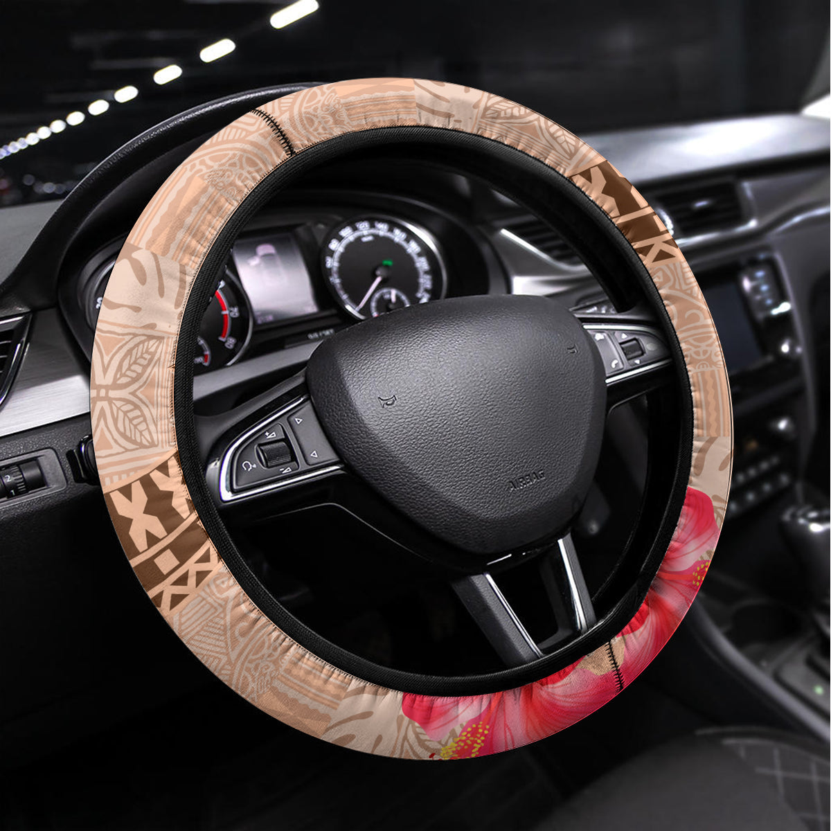 Guam Seal and Latte Stone With Ethnic Tapa Pattern Steering Wheel Cover Peach Fuzz Color LT03 Universal Fit Peach Fuzz - Polynesian Pride