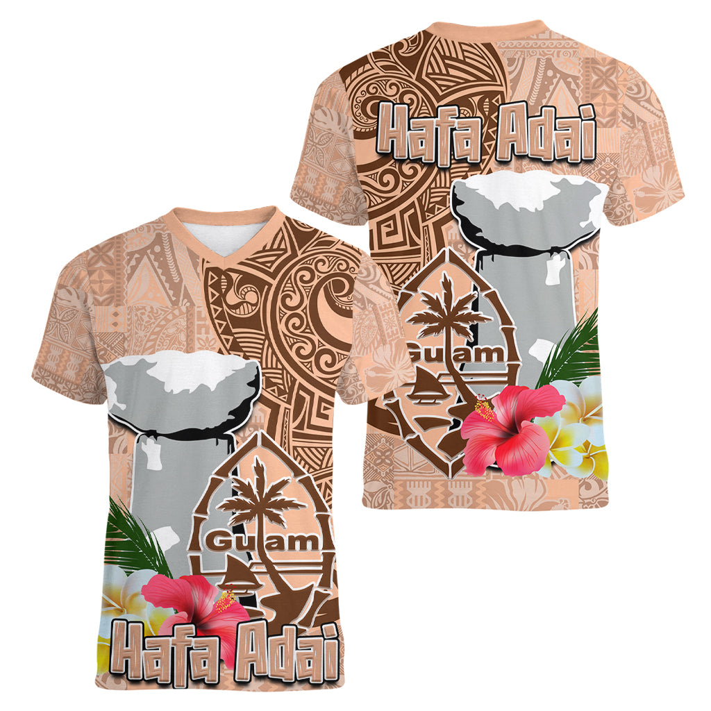 Guam Seal and Latte Stone With Ethnic Tapa Pattern Women V Neck T Shirt Peach Fuzz Color LT03 - Polynesian Pride