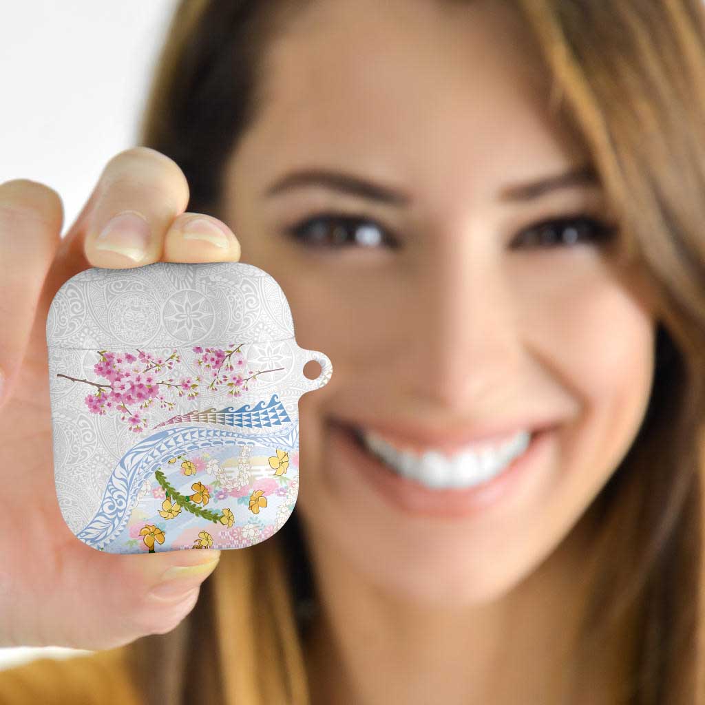 Hawaiian and Japanese Culture Together AirPods Case Tribal Motifs with Lei and Japanese Sakura Pattern