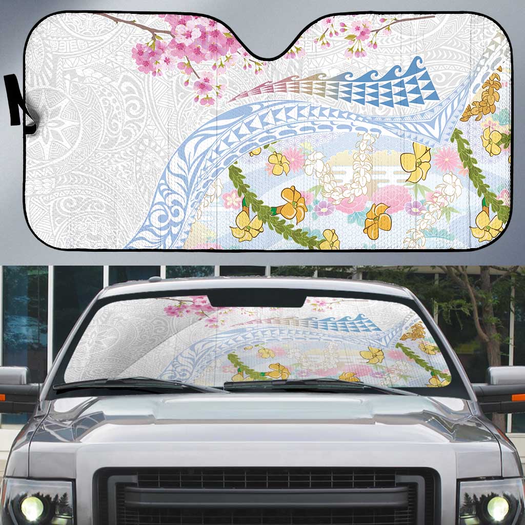 Hawaiian and Japanese Culture Together Auto Sun Shade Tribal Motifs with Lei and Japanese Sakura Pattern LT03 White - Polynesian Pride