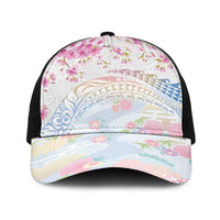 Hawaiian and Japanese Culture Together Baseball Net Cap Tribal Motifs with Lei and Japanese Sakura Pattern