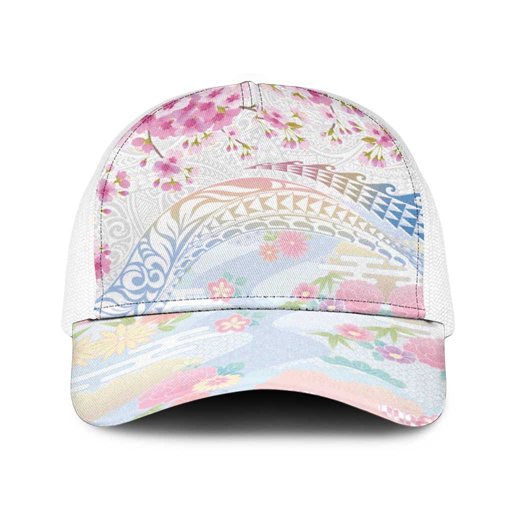 Hawaiian and Japanese Culture Together Baseball Net Cap Tribal Motifs with Lei and Japanese Sakura Pattern