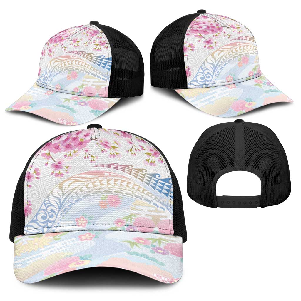 Hawaiian and Japanese Culture Together Baseball Net Cap Tribal Motifs with Lei and Japanese Sakura Pattern