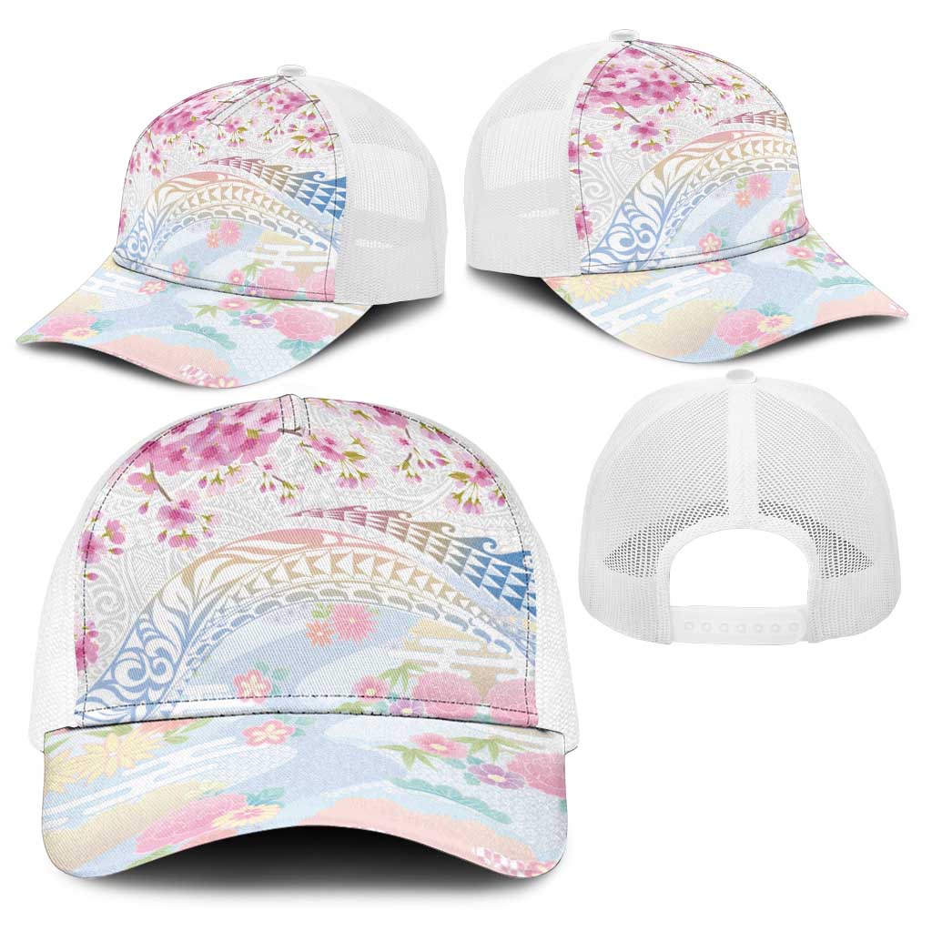 Hawaiian and Japanese Culture Together Baseball Net Cap Tribal Motifs with Lei and Japanese Sakura Pattern