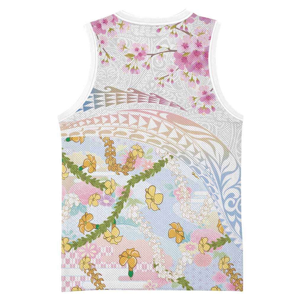 Hawaiian and Japanese Culture Together Basketball Jersey Tribal Motifs with Lei and Japanese Sakura Pattern