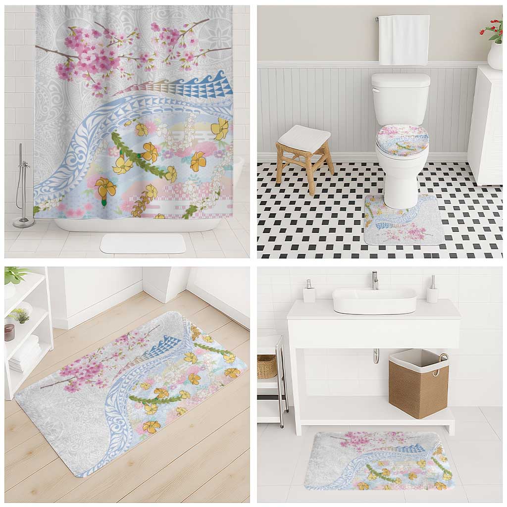 Hawaiian and Japanese Culture Together Bathroom Set Tribal Motifs with Lei and Japanese Sakura Pattern