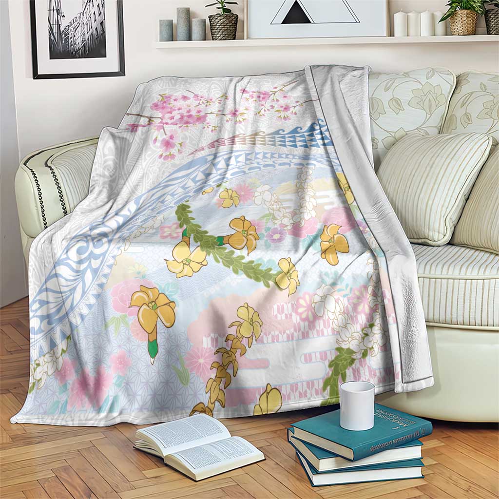 Hawaiian and Japanese Culture Together Blanket Tribal Motifs with Lei and Japanese Sakura Pattern LT03 White - Polynesian Pride