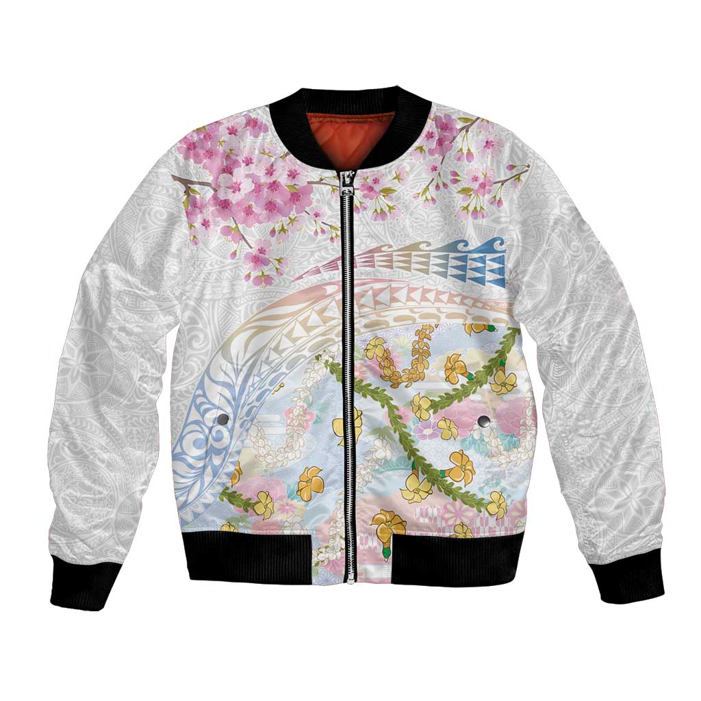 Hawaiian and Japanese Culture Together Bomber Jacket Tribal Motifs with Lei and Japanese Sakura Pattern LT03 Unisex White - Polynesian Pride