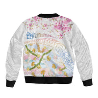 Hawaiian and Japanese Culture Together Bomber Jacket Tribal Motifs with Lei and Japanese Sakura Pattern LT03 - Polynesian Pride