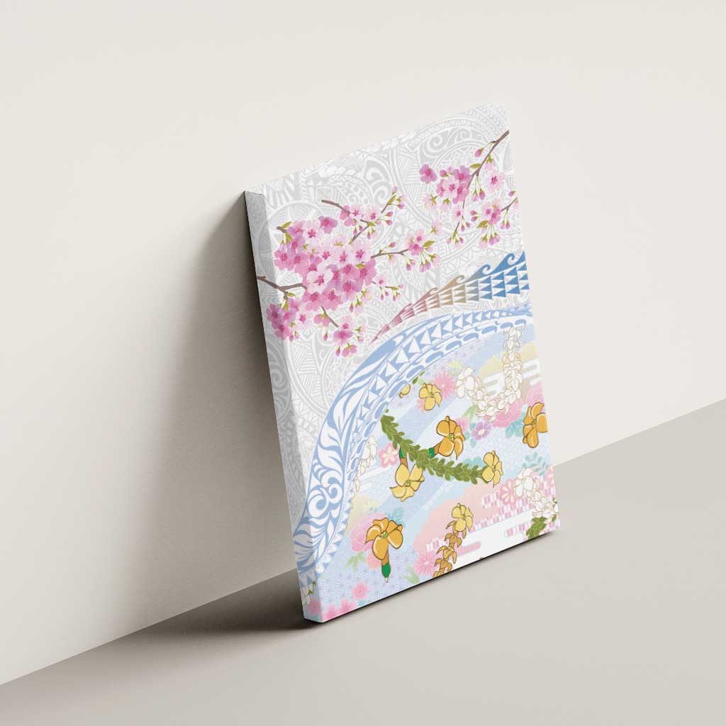Hawaiian and Japanese Culture Together Canvas Wall Art Tribal Motifs with Lei and Japanese Sakura Pattern