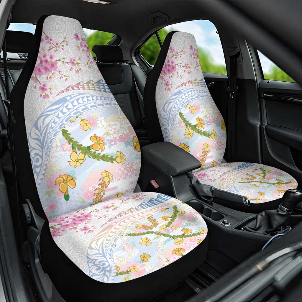 Hawaiian and Japanese Culture Together Car Seat Cover Tribal Motifs with Lei and Japanese Sakura Pattern LT03 One Size White - Polynesian Pride