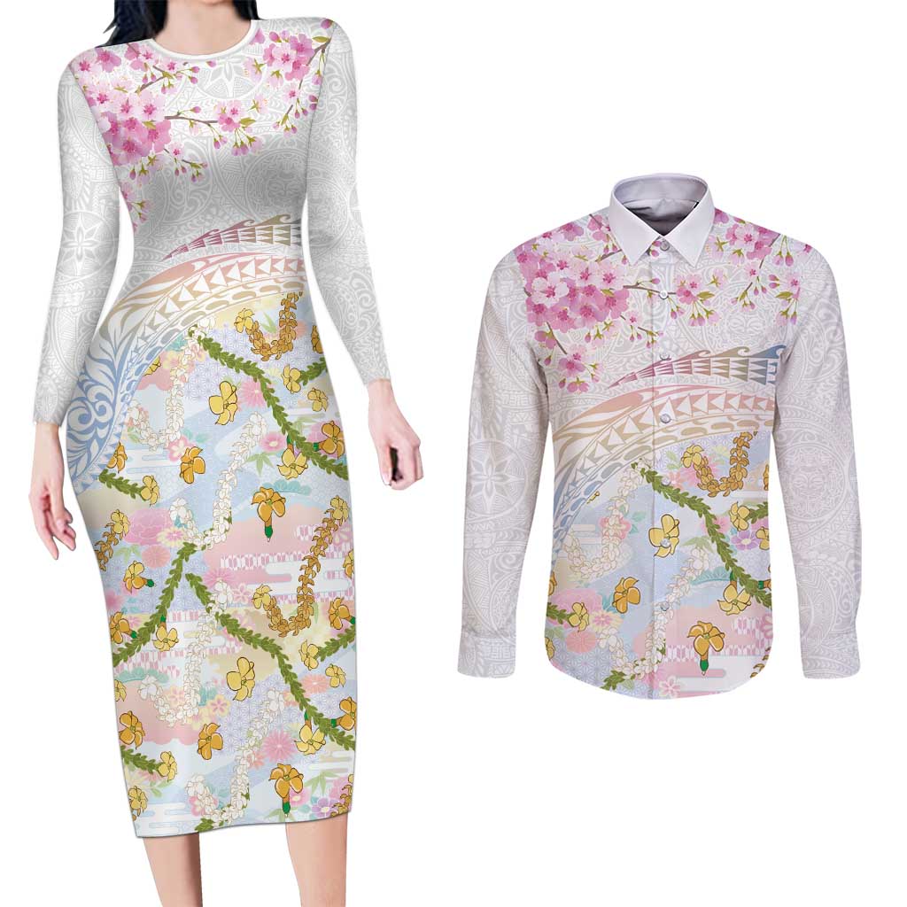 Hawaiian and Japanese Culture Together Couples Matching Long Sleeve Bodycon Dress and Long Sleeve Button Shirt Tribal Motifs with Lei and Japanese Sakura Pattern