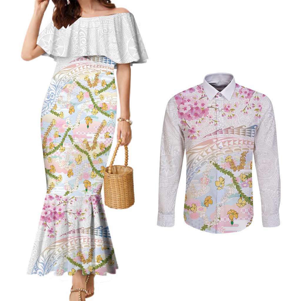 Hawaiian and Japanese Culture Together Couples Matching Mermaid Dress and Long Sleeve Button Shirt Tribal Motifs with Lei and Japanese Sakura Pattern