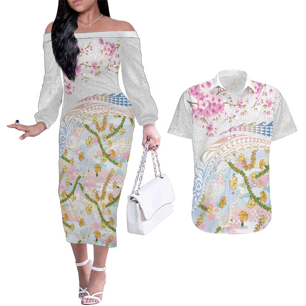 Hawaiian and Japanese Culture Together Couples Matching Off The Shoulder Long Sleeve Dress and Hawaiian Shirt Tribal Motifs with Lei and Japanese Sakura Pattern