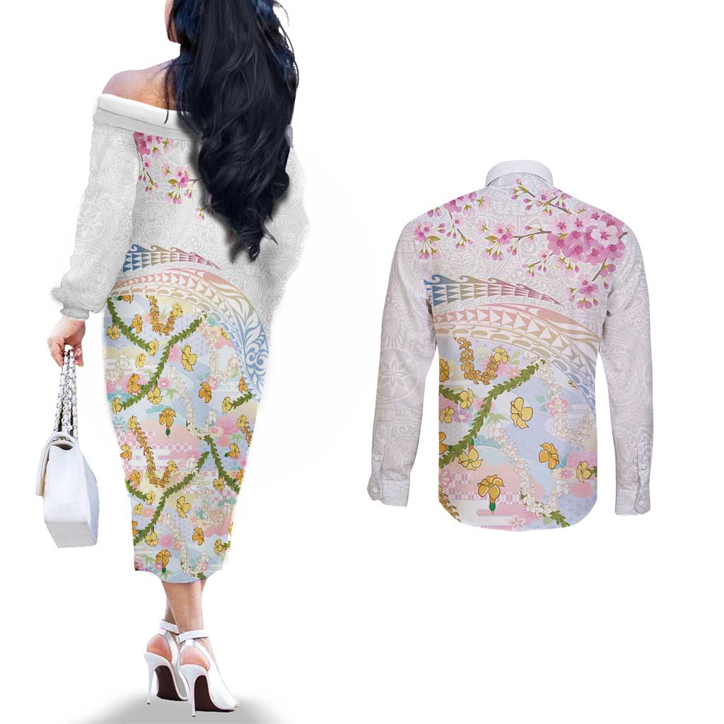 Hawaiian and Japanese Culture Together Couples Matching Off The Shoulder Long Sleeve Dress and Long Sleeve Button Shirt Tribal Motifs with Lei and Japanese Sakura Pattern
