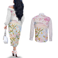 Hawaiian and Japanese Culture Together Couples Matching Off The Shoulder Long Sleeve Dress and Long Sleeve Button Shirt Tribal Motifs with Lei and Japanese Sakura Pattern