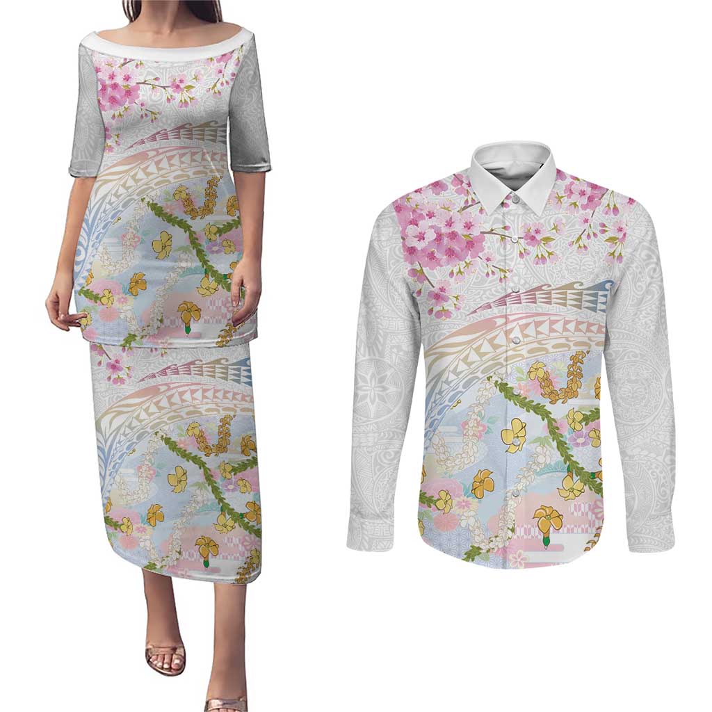 Hawaiian and Japanese Culture Together Couples Matching Puletasi and Long Sleeve Button Shirt Tribal Motifs with Lei and Japanese Sakura Pattern