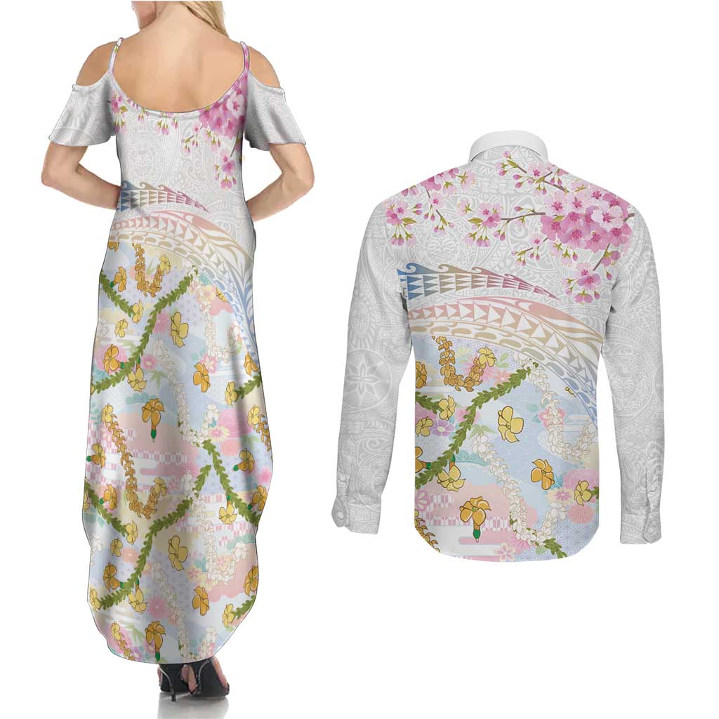 Hawaiian and Japanese Culture Together Couples Matching Summer Maxi Dress and Long Sleeve Button Shirt Tribal Motifs with Lei and Japanese Sakura Pattern