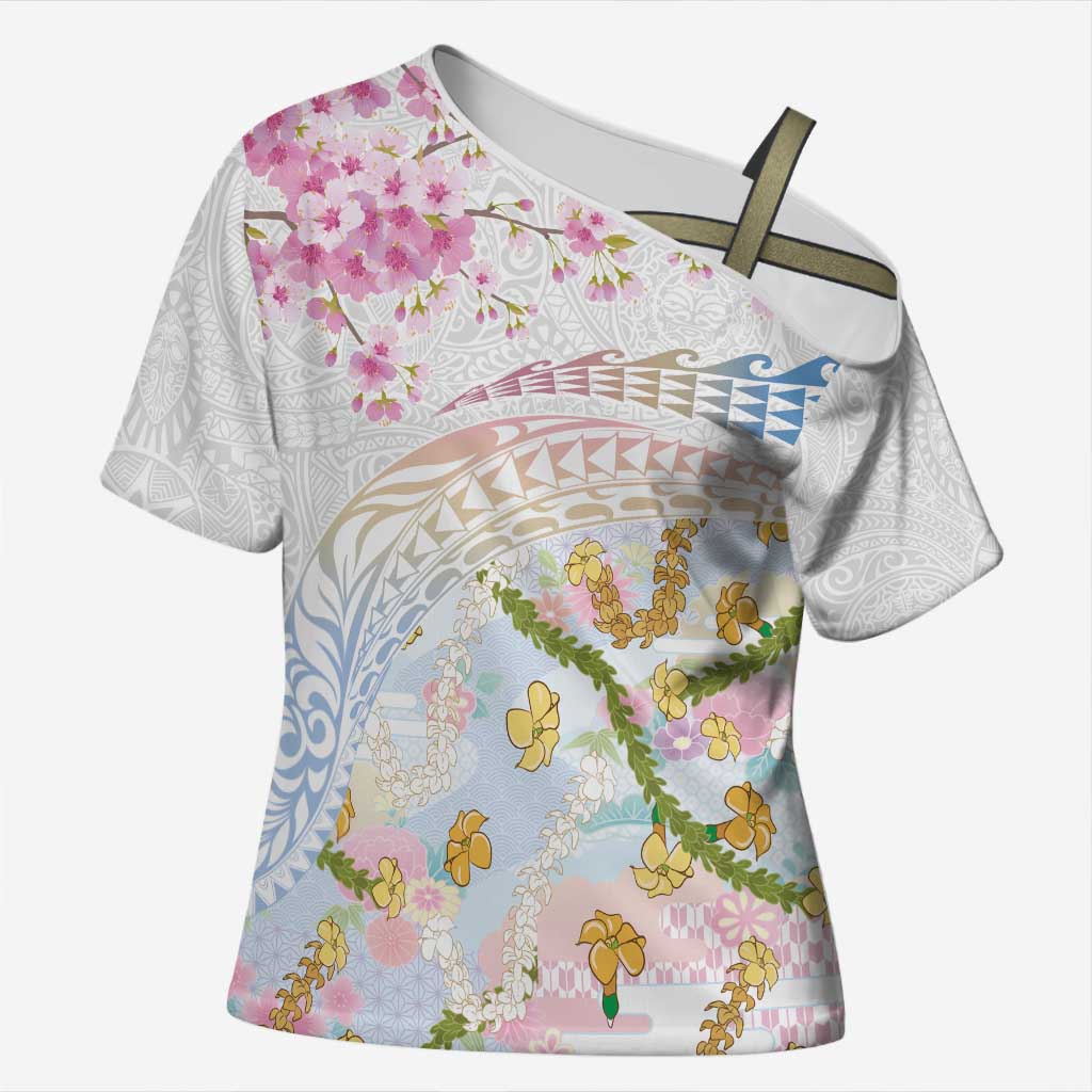 Hawaiian and Japanese Culture Together Cross Shoulder Shirt Tribal Motifs with Lei and Japanese Sakura Pattern LT03 Female White - Polynesian Pride