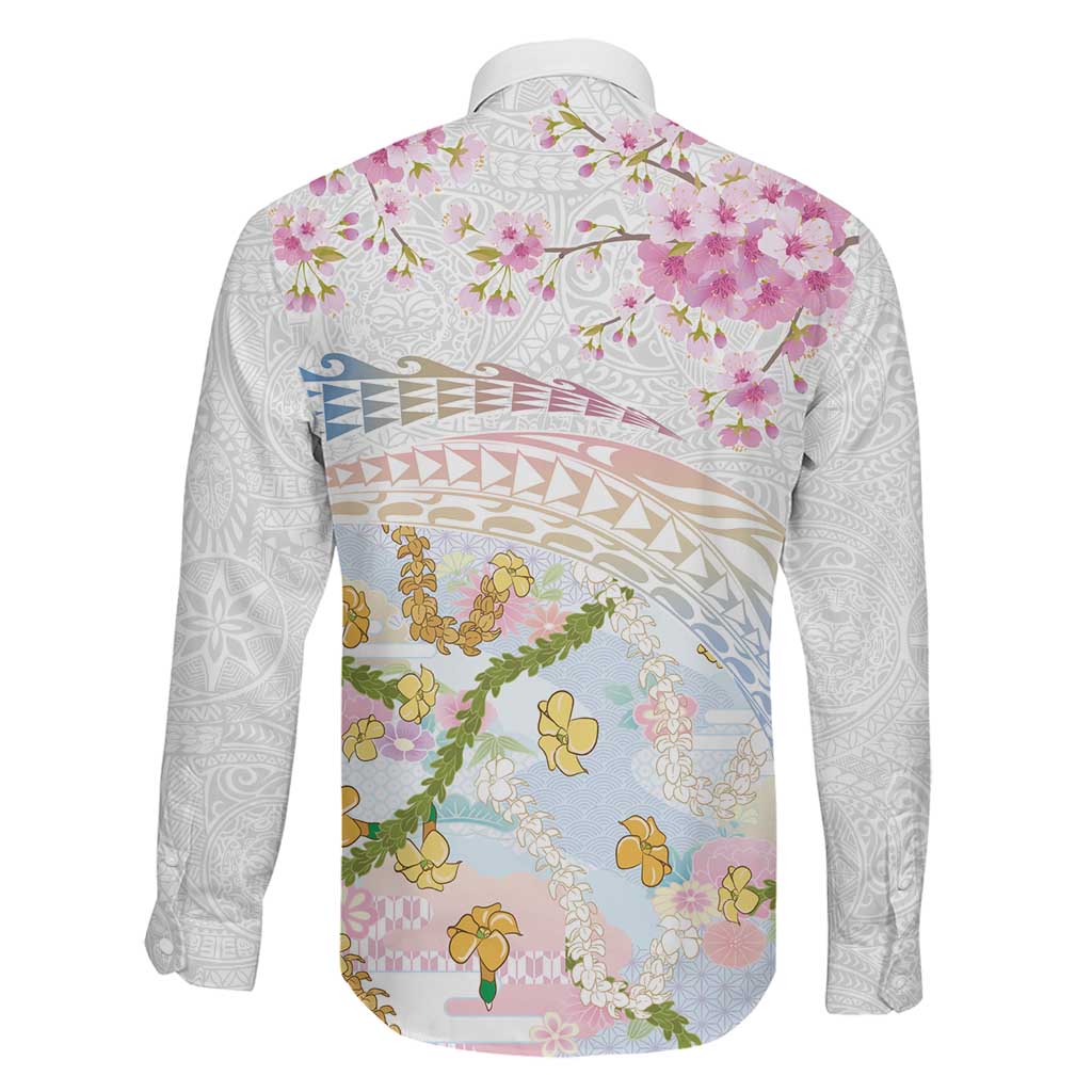 Hawaiian and Japanese Culture Together Family Matching Long Sleeve Bodycon Dress and Hawaiian Shirt Tribal Motifs with Lei and Japanese Sakura Pattern