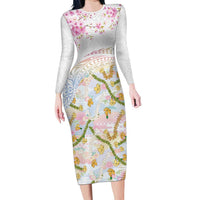 Hawaiian and Japanese Culture Together Family Matching Long Sleeve Bodycon Dress and Hawaiian Shirt Tribal Motifs with Lei and Japanese Sakura Pattern