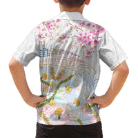 Hawaiian and Japanese Culture Together Family Matching Off The Shoulder Long Sleeve Dress and Hawaiian Shirt Tribal Motifs with Lei and Japanese Sakura Pattern