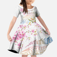 Hawaiian and Japanese Culture Together Family Matching Off The Shoulder Long Sleeve Dress and Hawaiian Shirt Tribal Motifs with Lei and Japanese Sakura Pattern