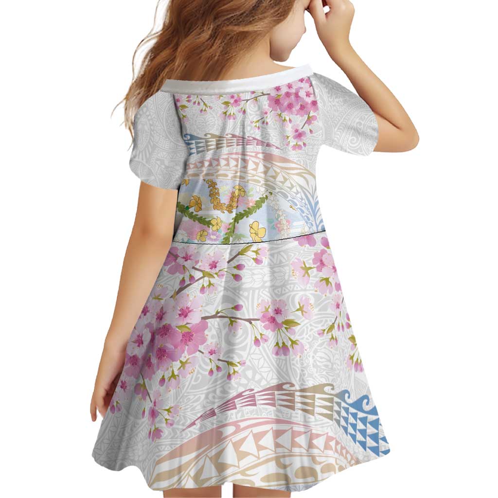 Hawaiian and Japanese Culture Together Family Matching Off The Shoulder Long Sleeve Dress and Hawaiian Shirt Tribal Motifs with Lei and Japanese Sakura Pattern