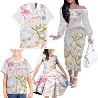 Hawaiian and Japanese Culture Together Family Matching Off The Shoulder Long Sleeve Dress and Hawaiian Shirt Tribal Motifs with Lei and Japanese Sakura Pattern