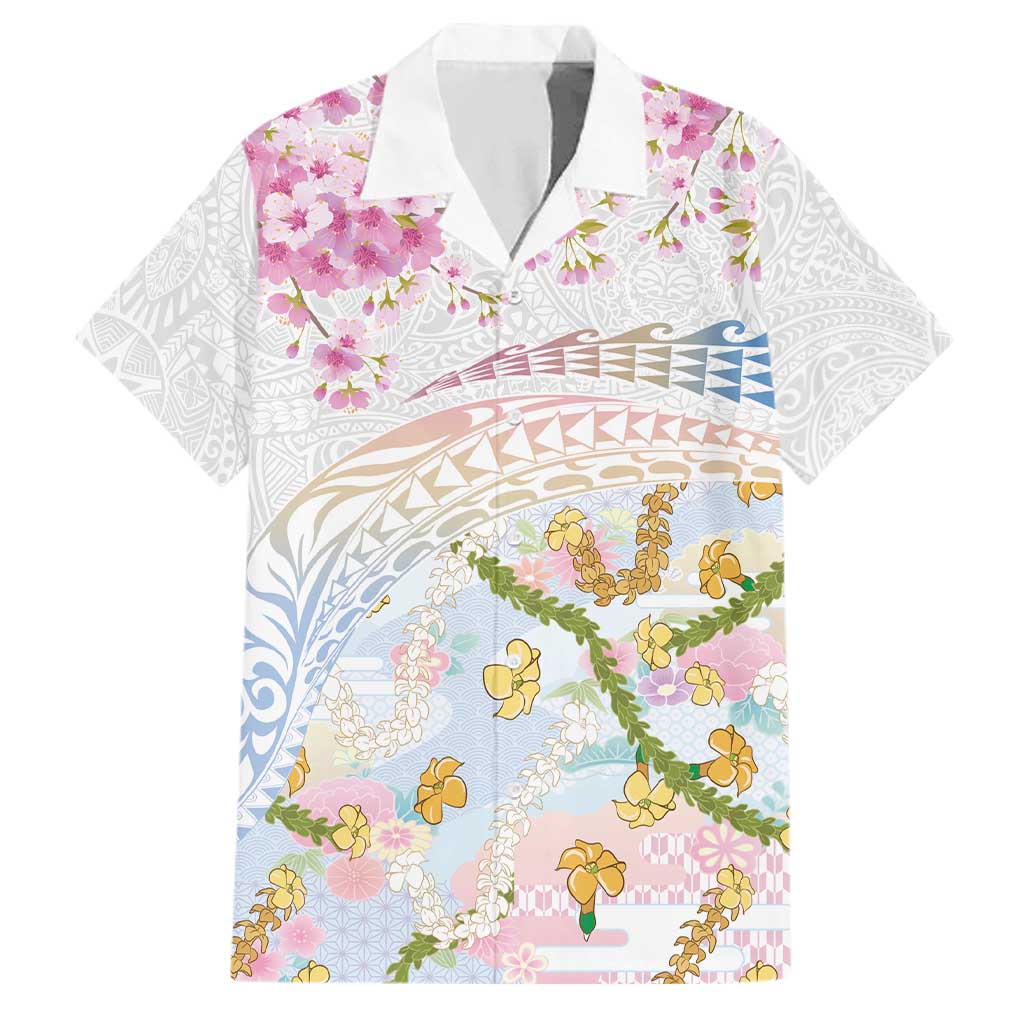 Hawaiian and Japanese Culture Together Family Matching Off The Shoulder Long Sleeve Dress and Hawaiian Shirt Tribal Motifs with Lei and Japanese Sakura Pattern
