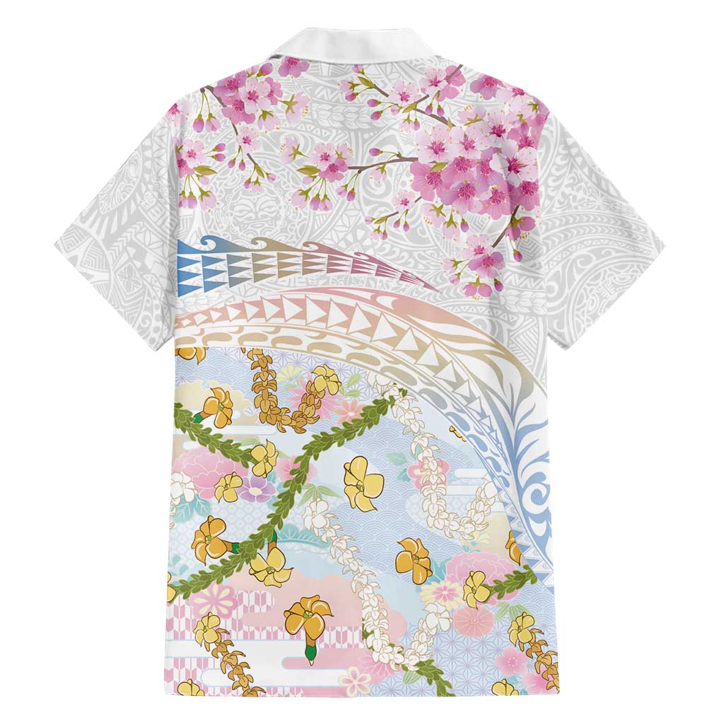 Hawaiian and Japanese Culture Together Family Matching Off The Shoulder Long Sleeve Dress and Hawaiian Shirt Tribal Motifs with Lei and Japanese Sakura Pattern