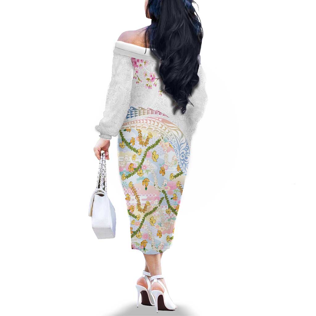 Hawaiian and Japanese Culture Together Family Matching Off The Shoulder Long Sleeve Dress and Hawaiian Shirt Tribal Motifs with Lei and Japanese Sakura Pattern