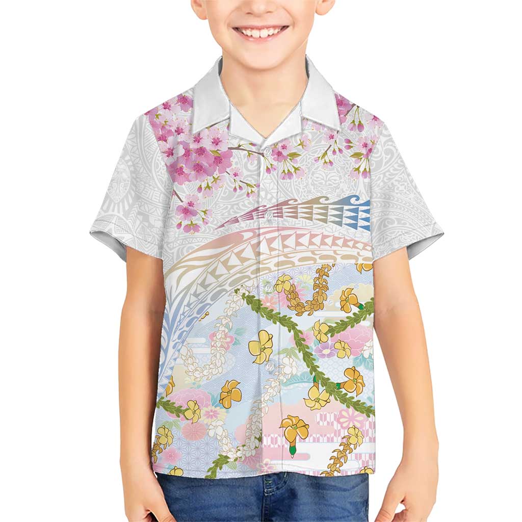 Hawaiian and Japanese Culture Together Family Matching Off The Shoulder Long Sleeve Dress and Hawaiian Shirt Tribal Motifs with Lei and Japanese Sakura Pattern