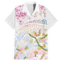 Hawaiian and Japanese Culture Together Family Matching Off Shoulder Maxi Dress and Hawaiian Shirt Tribal Motifs with Lei and Japanese Sakura Pattern
