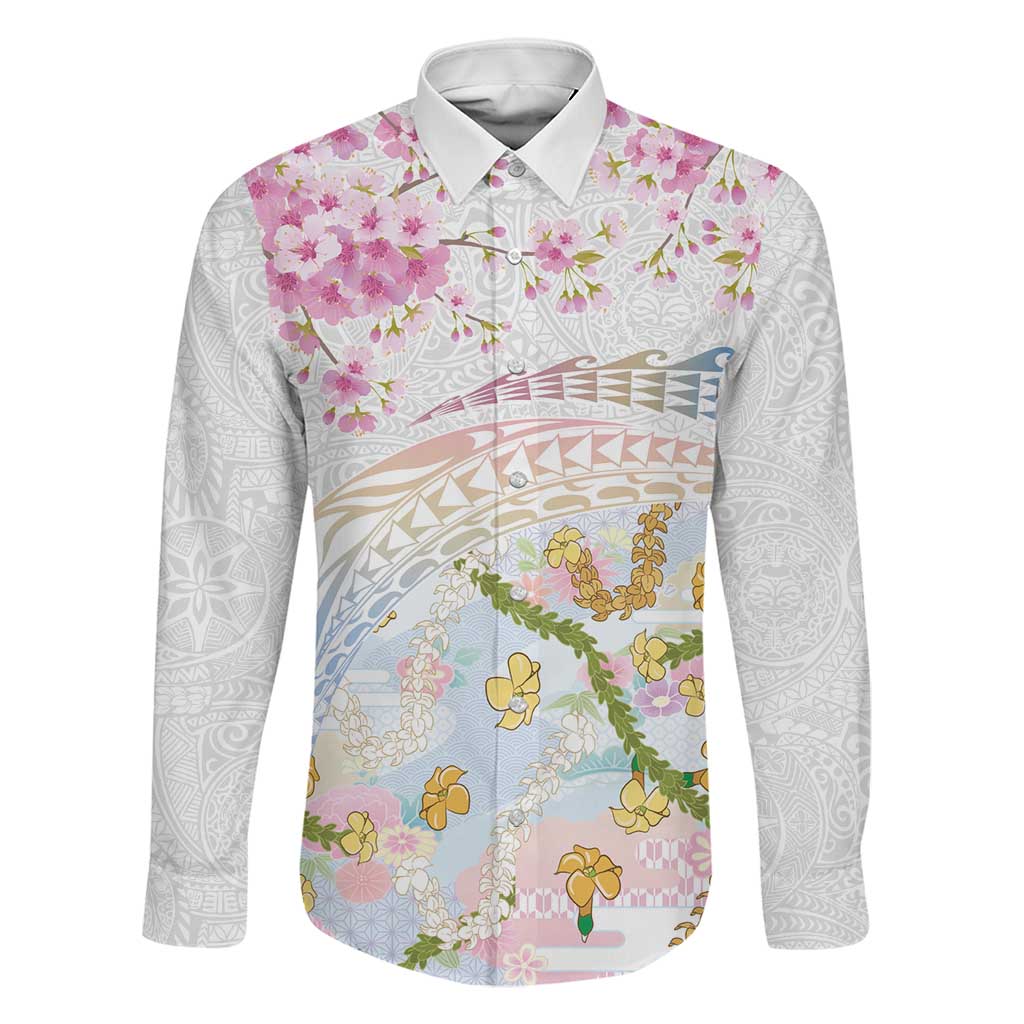 Hawaiian and Japanese Culture Together Family Matching Off Shoulder Maxi Dress and Hawaiian Shirt Tribal Motifs with Lei and Japanese Sakura Pattern
