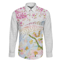 Hawaiian and Japanese Culture Together Family Matching Off Shoulder Maxi Dress and Hawaiian Shirt Tribal Motifs with Lei and Japanese Sakura Pattern