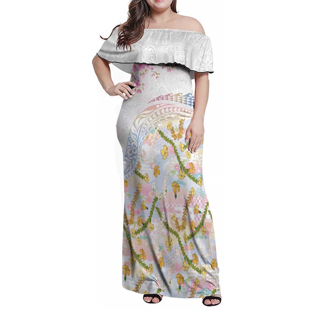 Hawaiian and Japanese Culture Together Family Matching Off Shoulder Maxi Dress and Hawaiian Shirt Tribal Motifs with Lei and Japanese Sakura Pattern