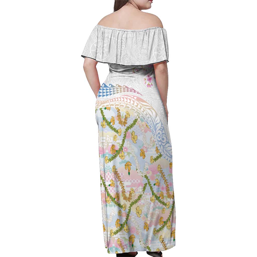 Hawaiian and Japanese Culture Together Family Matching Off Shoulder Maxi Dress and Hawaiian Shirt Tribal Motifs with Lei and Japanese Sakura Pattern