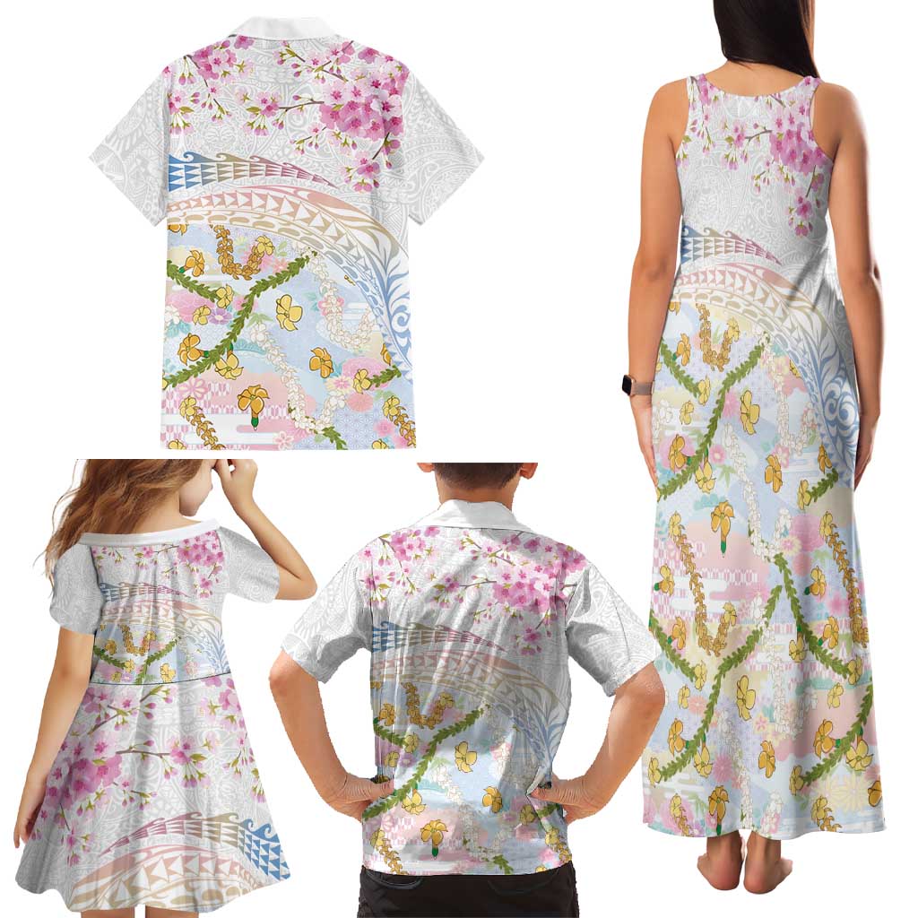 Hawaiian and Japanese Culture Together Family Matching Tank Maxi Dress and Hawaiian Shirt Tribal Motifs with Lei and Japanese Sakura Pattern