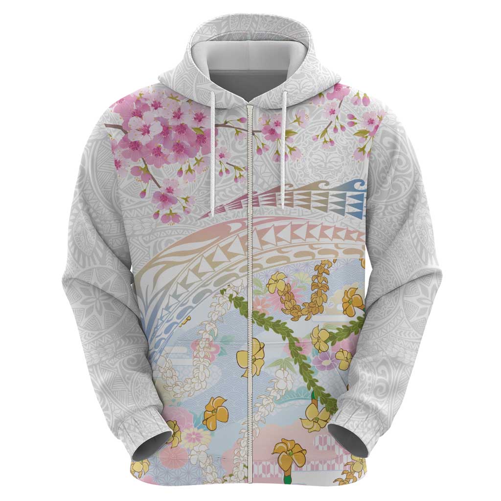 Hawaiian and Japanese Culture Together Hoodie Tribal Motifs with Lei and Japanese Sakura Pattern
