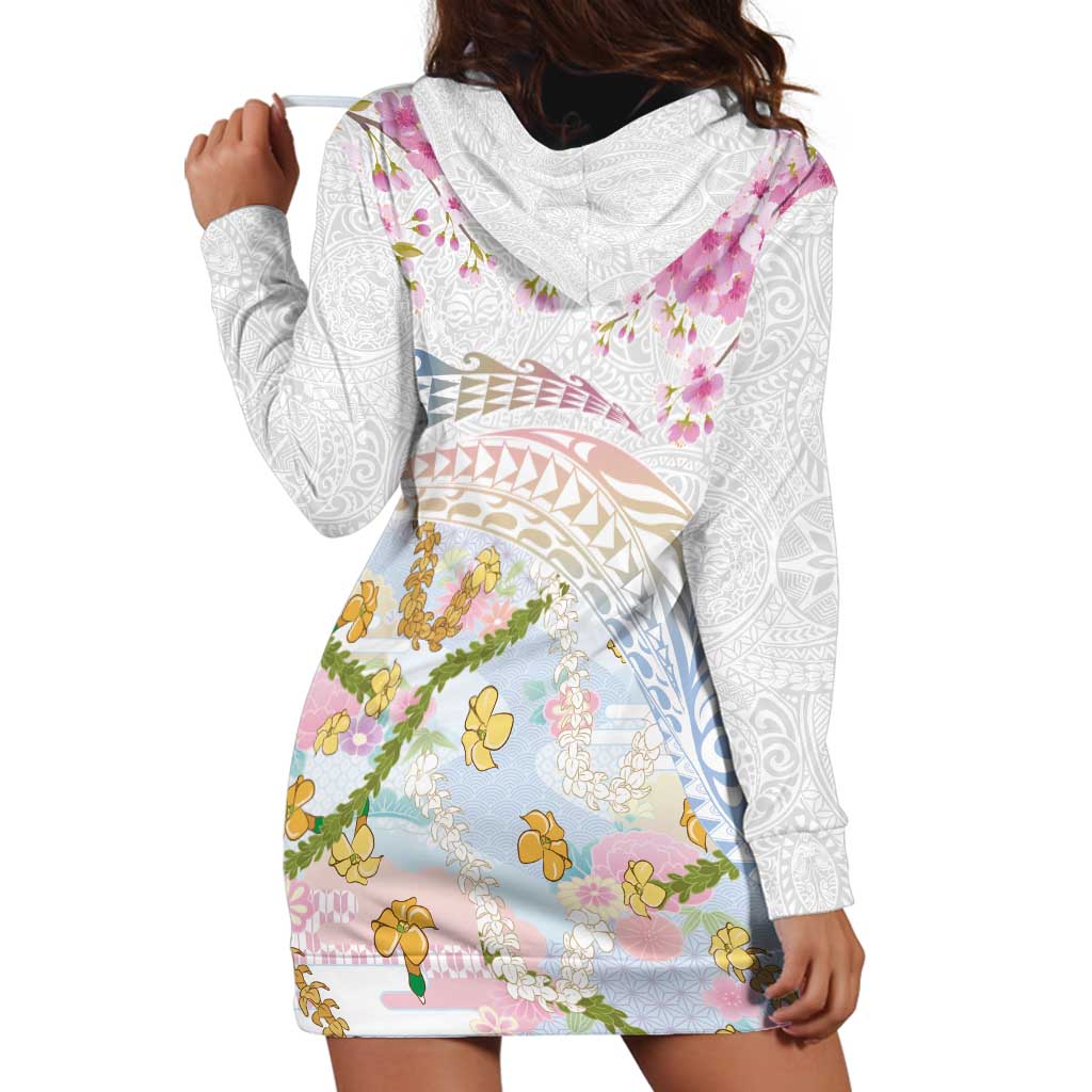 Hawaiian and Japanese Culture Together Hoodie Dress Tribal Motifs with Lei and Japanese Sakura Pattern