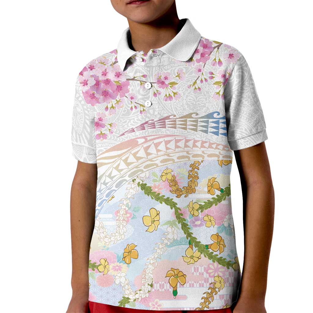 Hawaiian and Japanese Culture Together Kid Polo Shirt Tribal Motifs with Lei and Japanese Sakura Pattern LT03 Kid White - Polynesian Pride