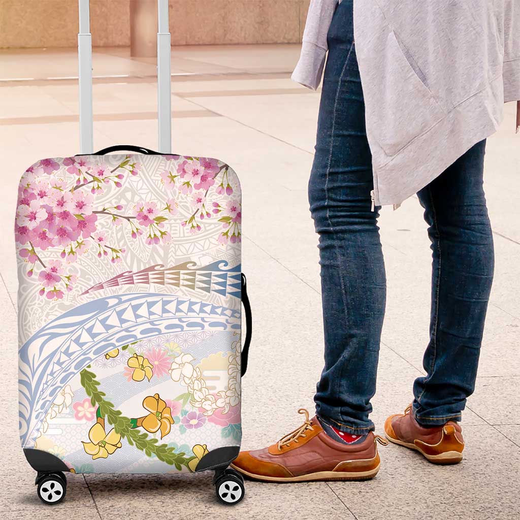 Hawaiian and Japanese Culture Together Luggage Cover Tribal Motifs with Lei and Japanese Sakura Pattern LT03 White - Polynesian Pride