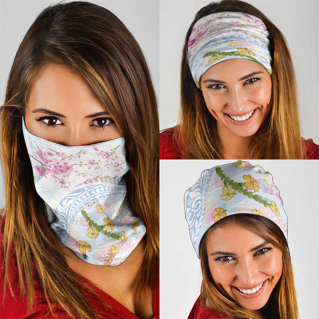 Hawaiian and Japanese Culture Together Neck Gaiter Tribal Motifs with Lei and Japanese Sakura Pattern LT03 - Polynesian Pride