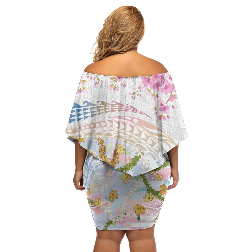 Hawaiian and Japanese Culture Together Off Shoulder Short Dress Tribal Motifs with Lei and Japanese Sakura Pattern